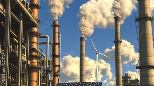 Industrial scene with smokestacks, wind turbine, and solar panels highlighting energy diversity.