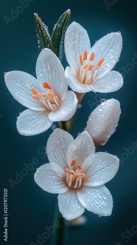 Delicate white flowers with orange stamens glistening with dew