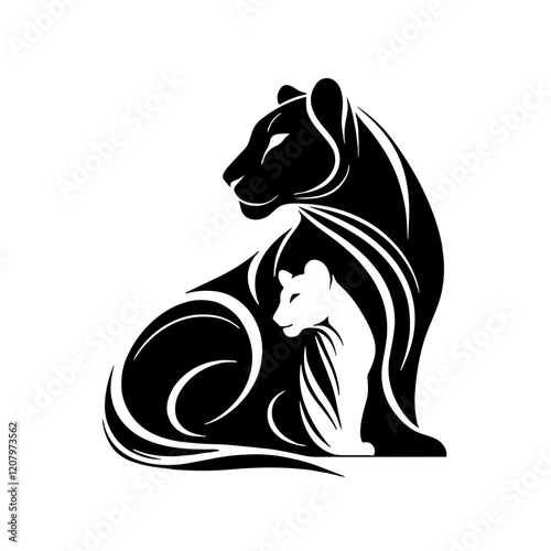 A black and white silhouette of lioness with lion cub, minimalist stroke lines, minimalist art, vector, isolated, transparent background 