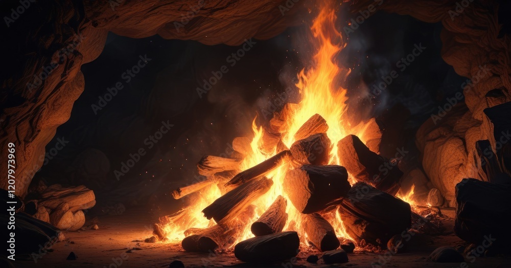 An intense, roaring fire burning in the darkness of a cave, heat emanation, flames, cave interior An intense, roaring fire burning in the darkness of a cave, heat emanation, flames, cave interior