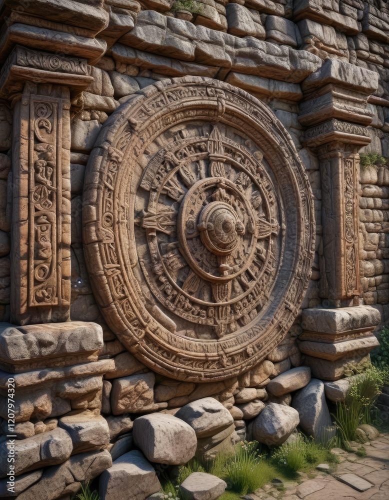 Fototapeta premium Ancient stone wall with intricate carvings echoing mysterious sounds, forgotten, echoes, soundscapes