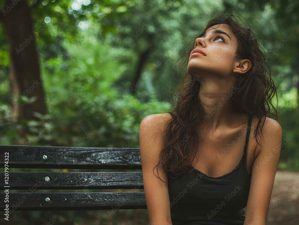 Woman seated on park bench lost in thought while gazing at the sky surrounded by lush greenery in a tranquil environment Woman seated on park bench lost in thought while gazing at the sky surrounded by lush greenery in a tranquil environment
