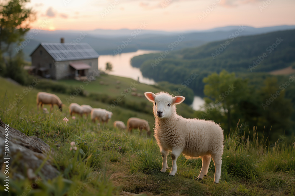Obraz premium Adorable Lamb Overlooking a Tranquil Valley at Sunset