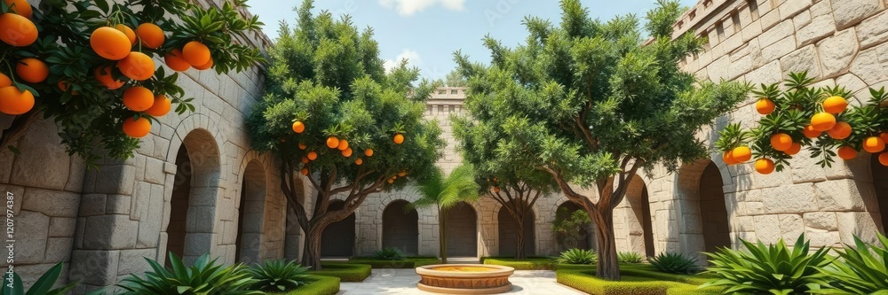 Ancient stone walls surrounding a tranquil courtyard filled with lush orange trees and vibrant greenery, Historic Wall, Sunlit Area Ancient stone walls surrounding a tranquil courtyard filled with lush orange trees and vibrant greenery, Historic Wall, Sunlit Area