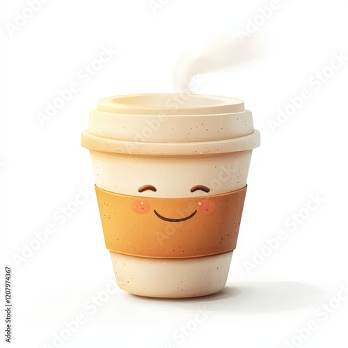 Cute cartoon coffee cup with smiling face and steam rising effect photo