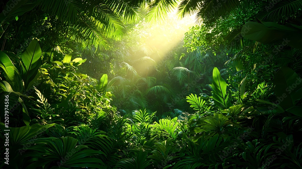 Naklejka premium Lush Tropical Jungle with Sunlight Filtering through Green Foliage