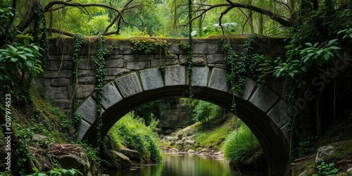 Ancient stone bridge with overgrown vegetation and vines, ancient bridge, weathered stones, rustic charm photo