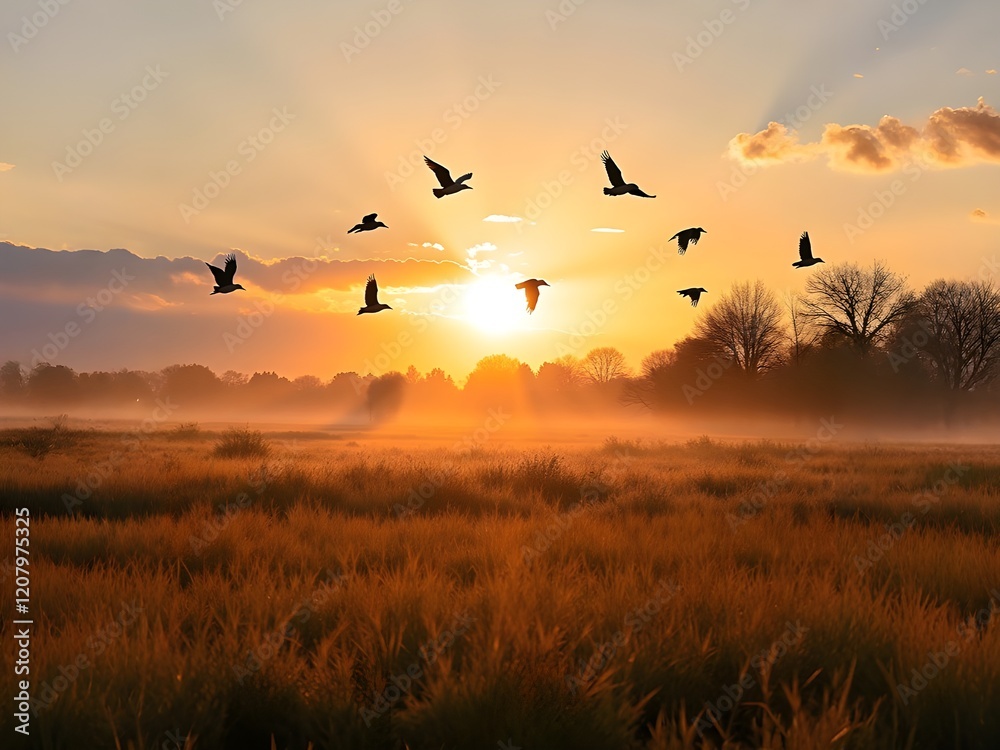 Golden Sunrise with Birds in Flight over a Misty Meadow Golden Sunrise with Birds in Flight over a Misty Meadow