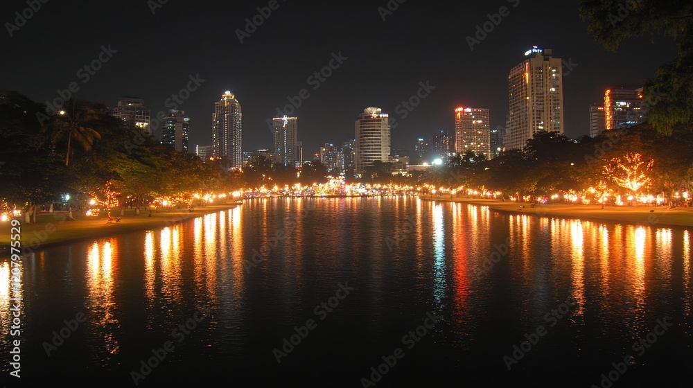 Fototapeta premium Night Cityscape Reflection in Urban Lake at Night