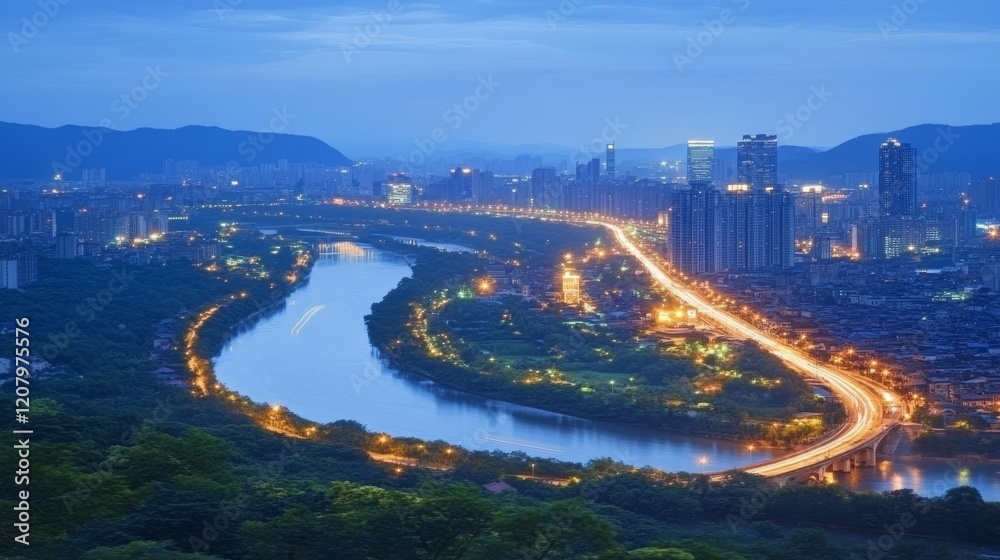 Night Cityscape River Highway Lights Buildings Skyline Night Cityscape River Highway Lights Buildings Skyline