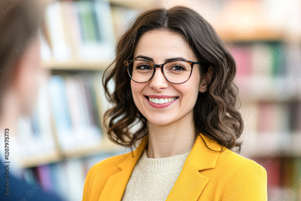 Smiling woman in yellow blazer library portrait indoor close-up inspiration