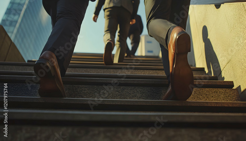 Business people climbing city stairs. Close-up of legs ascending, symbolizing career growth, skill improvement, and salary increase