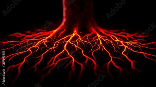 Glowing Roots of an Ancient Tree Illuminated Against Darkness photo