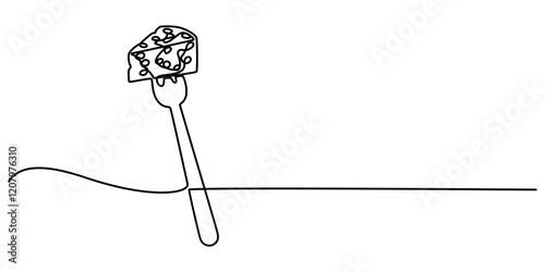 Fork cheese fondue icon, cheese fork continuous one line drawing, Cheese Continuous Line Art Illustration, Long fork is a tool to help eat food. Stay warm when the weather gets cold. National Cheese.