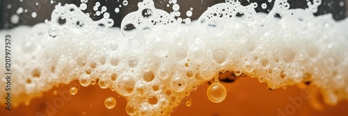 Close-up of beer bubbles rising to the surface, fluid dynamics, aerated liquid