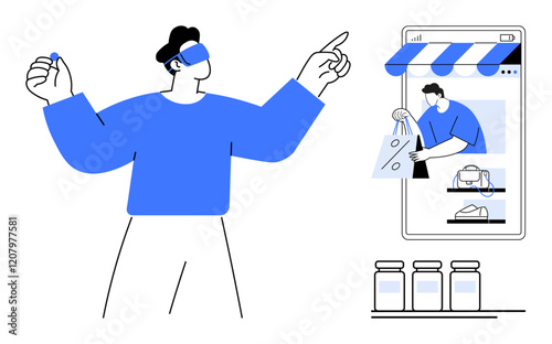 Person using VR headset explores online store with items thumbs up shopping bags, clothes, bottles. Ideal for themes e-commerce, virtual reality, online shopping, technology, future trends