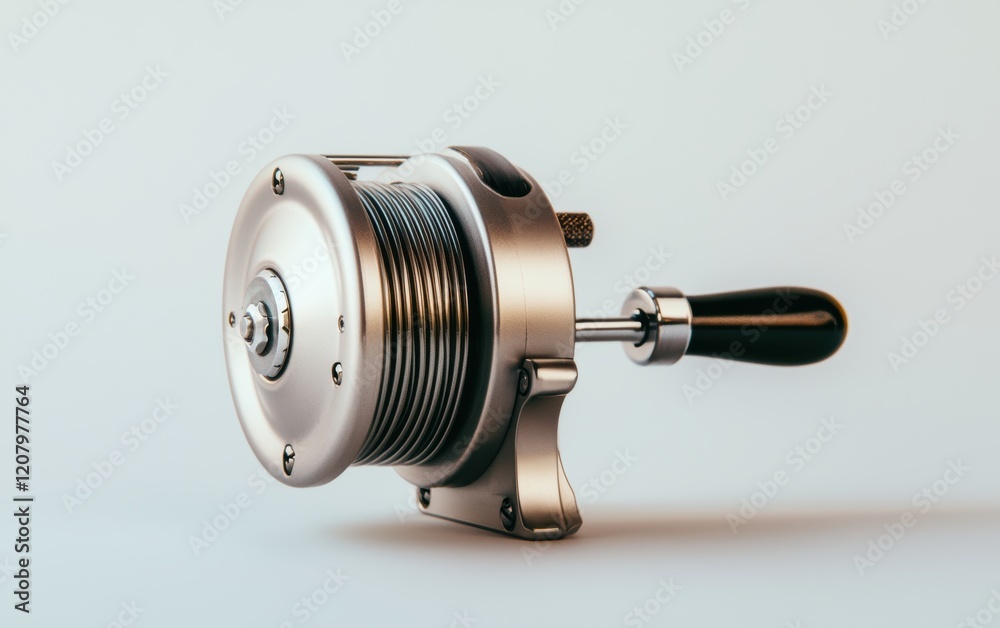 A fishing reel with a smooth winding mechanism and a metallic finish placed horizontally on a solid white background, single object A fishing reel with a smooth winding mechanism and a metallic finish placed horizontally on a solid white background, single object