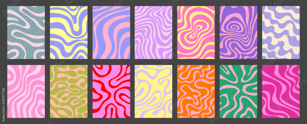 Set of Abstract Psychedelic Groovy Patterns Vector Design. Y2k Geometric Textures Funky Retro Style.