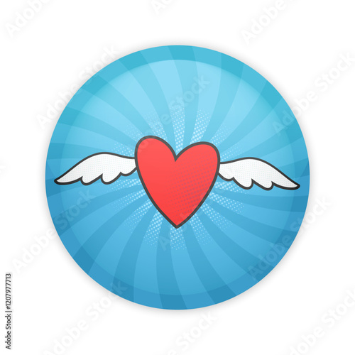 Glossy badge button with flying heart on pop art background. Round plastic pin with heart with wings. Vector illustration