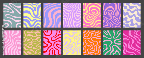 Set of Abstract Psychedelic Groovy Patterns Vector Design. Y2k Geometric Textures Funky Retro Style.
