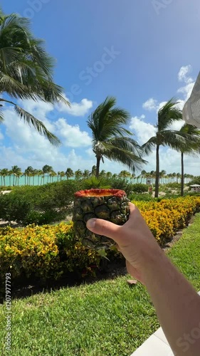vertical video of tourism male hand holding the ananas cocktail with palm trees view in Cancun Mexico, dream tropical holidays 