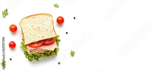 A freshly made sandwich with layers of lettuce, tomato, cheese, and ham displayed on a solid white background, single object photo