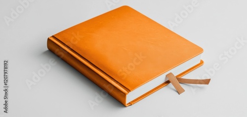 A hardcover journal with a textured leather cover and an elastic closure band placed upright on a solid white background, single object