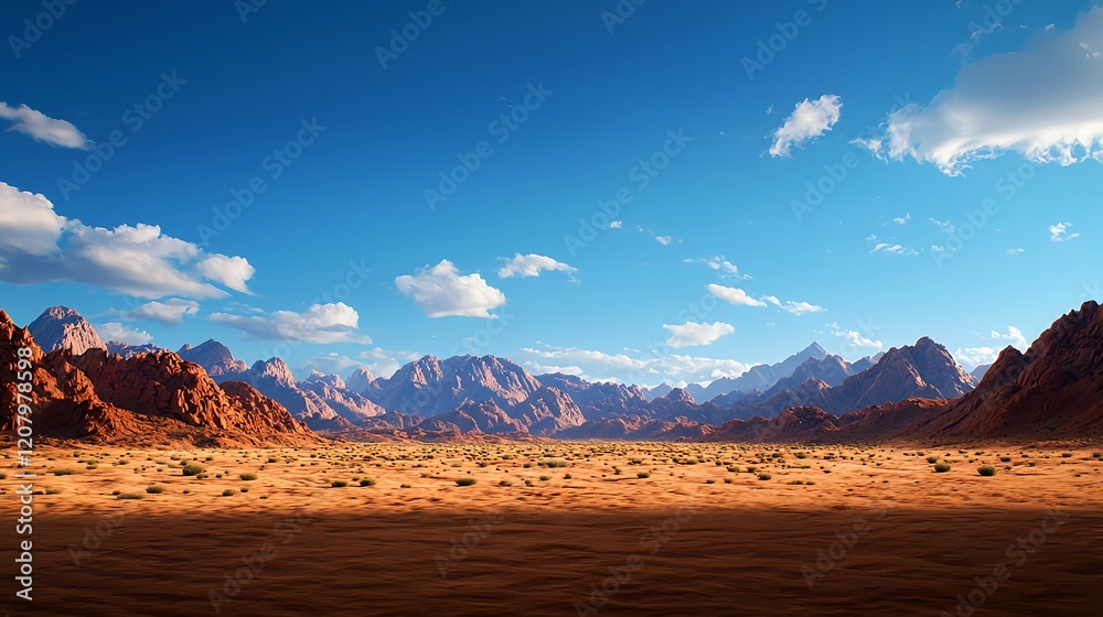 Naklejka premium Vast Desert Landscape Under Clear Blue Sky with Majestic Mountains