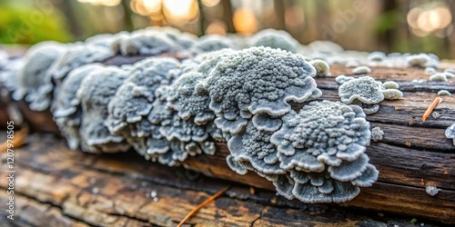 Close-up of a gray, slimy mold growing on a damp, wooden log, fungus, fungal growth, slow spreading, wood, log photo