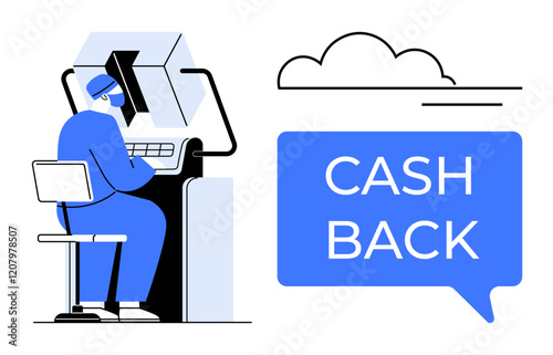 Person using a computer, large blue CASH BACK speech bubble, minimalistic cloud. Ideal for finance, savings, rewards programs, online shopping, e-commerce, cashback promotions customer engagement