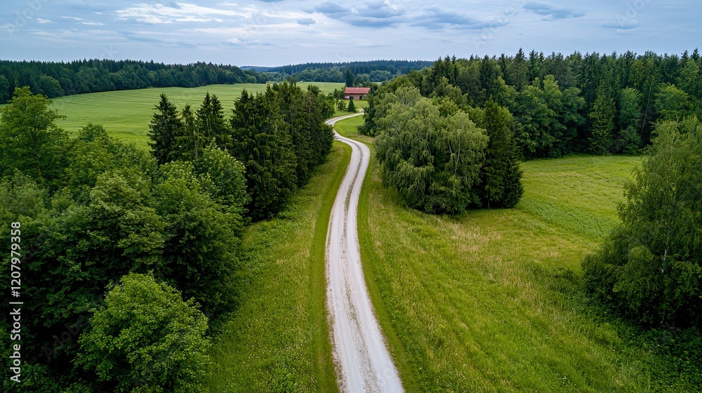 Fototapeta premium Winding path through green fields nature aerial