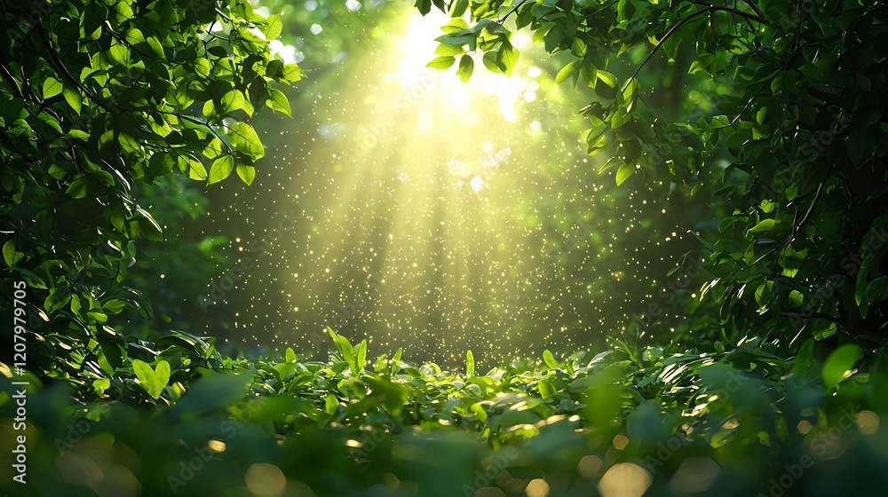 Fototapeta premium Sunlight Filtering Through Leaves in a Lush Green Forest Setting