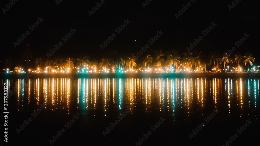 Night Lights Reflecting on Calm Tropical Water Night Lights Reflecting on Calm Tropical Water