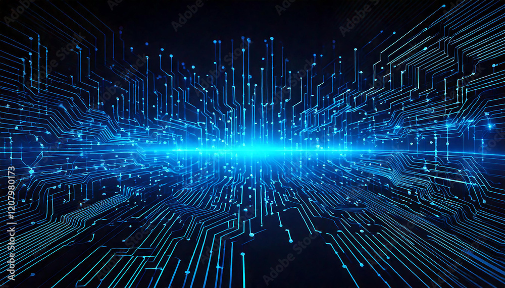 Obraz premium Abstract AI circuit board background. Technology connected blue lines with electronics elements on tech bg. Computer motherboard with a chip, processor, and semiconductor. Digital vector illustration