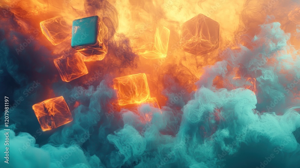Fototapeta premium Abstract Digital Art: Cubes in Vibrant Smoke