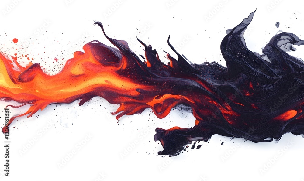 Abstract fiery black paint flow, white background, design element Abstract fiery black paint flow, white background, design element