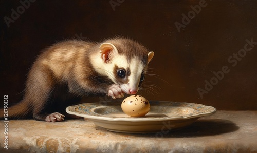 Baby opossum egg curious plate dark background food wildlife photo