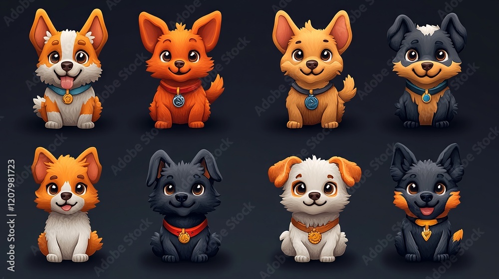 Cute Cartoon Dogs Wearing Collars with Different Expressions Cute Cartoon Dogs Wearing Collars with Different Expressions