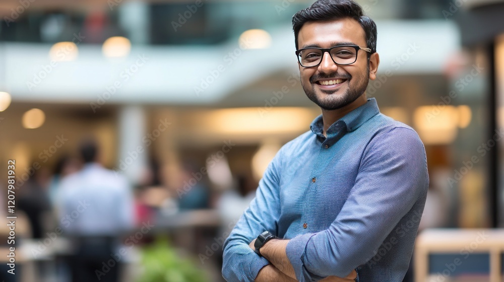 Fototapeta premium Portrait of a Confident Young Man Smiling in a Modern Urban Setting