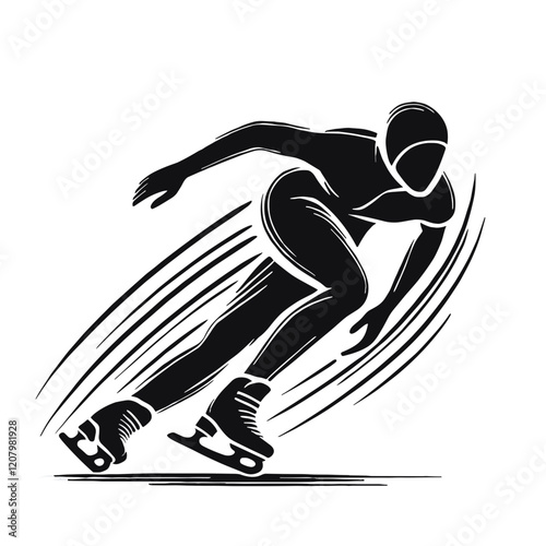 A black and white silhouette of speed skater, minimalist stroke lines, minimalist art, vector, isolated, transparent background