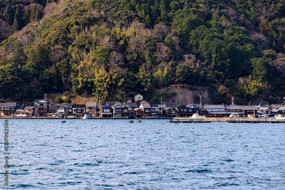 Scenic Waterfront Village at the Base of a Forested Hill, Ine Bay, Kyoto, Japan Scenic Waterfront Village at the Base of a Forested Hill, Ine Bay, Kyoto, Japan