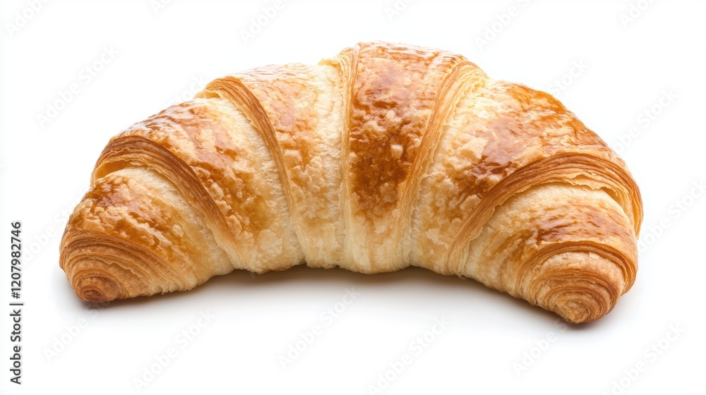 A fresh croissant with a golden flaky crust placed diagonally on a solid white background, single object A fresh croissant with a golden flaky crust placed diagonally on a solid white background, single object
