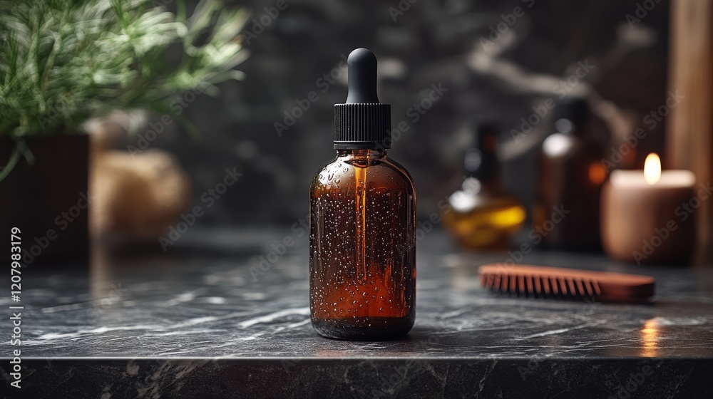Minimalist design for a beard oil product showcasing an amber glass dropper bottle Minimalist design for a beard oil product showcasing an amber glass dropper bottle