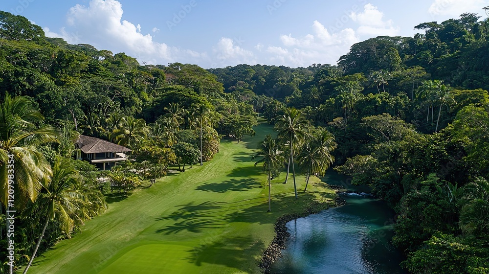 Scenic golf course amid tropical landscape Scenic golf course amid tropical landscape