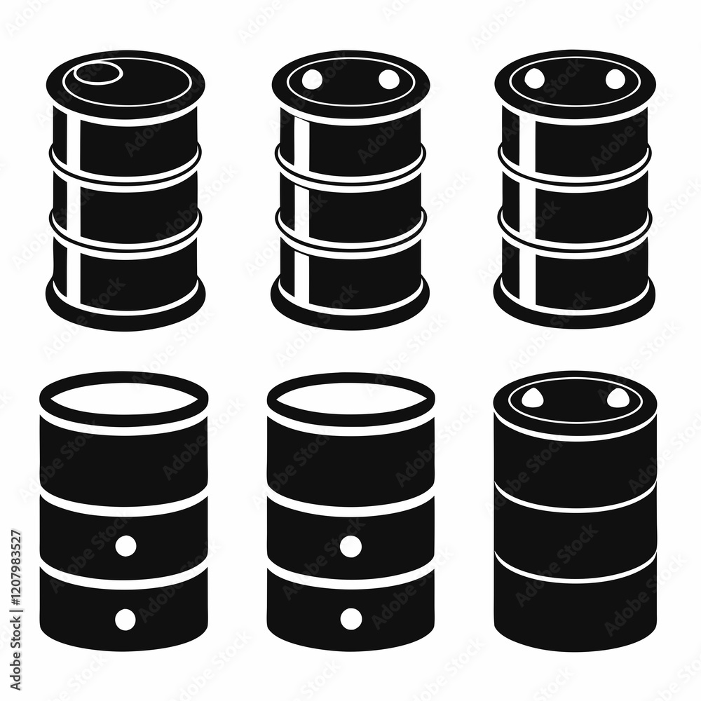 Black and White Oil Barrels Showing Different Perspectives Black and White Oil Barrels Showing Different Perspectives