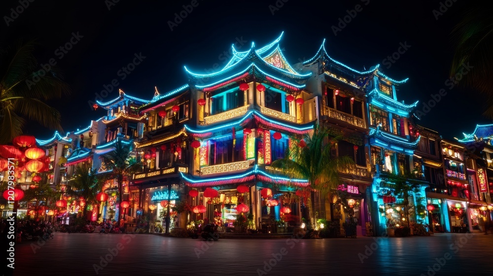 Obraz premium Night Scene Illuminated Asian Architecture Street