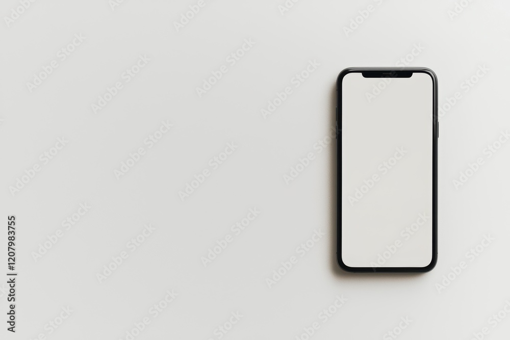 A modern smartphone with a black screen and minimal bezels placed flat on a solid white background, single object A modern smartphone with a black screen and minimal bezels placed flat on a solid white background, single object