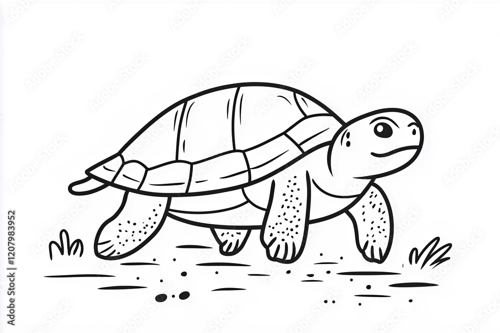 Fototapeta premium Outline of a turtle walking on a beach with a small shell.