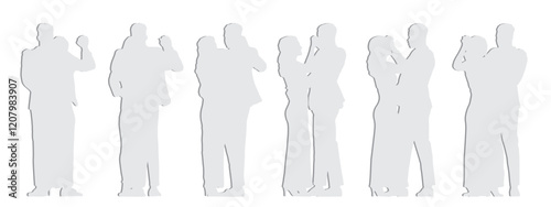 Vector concept conceptual gray paper cut silhouette of a couple dancing  from different perspectives isolated on white background. A metaphor for  relaxation, leisure, party, entertainment and lifesty