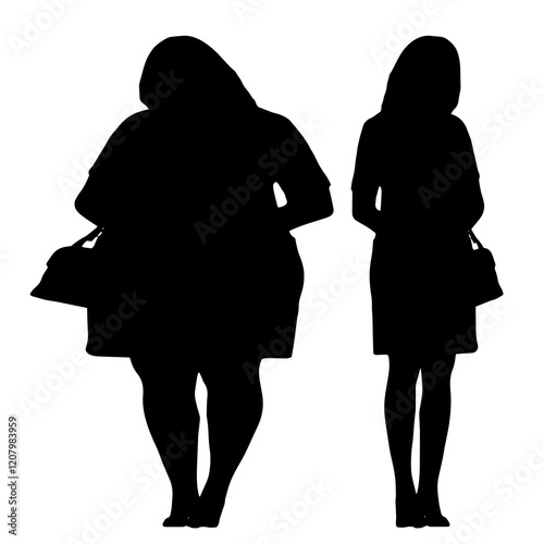 Conceptual fat overweight obese female vs slim fit healthy body after weight loss or diet on white background. A  fitness, nutrition or obesity, health shape illustration vector as silhouettes